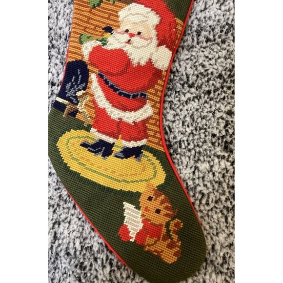 Vintage Noel Santa Cat Needlepoint Christmas‎ Holiday Stocking Lined Wool Cotton - Picture 3 of 6